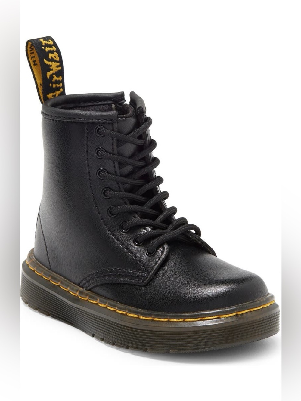 NWOT Toddler Dr. Martens Black Leather Lace-Up Boots with Yellow Stitching